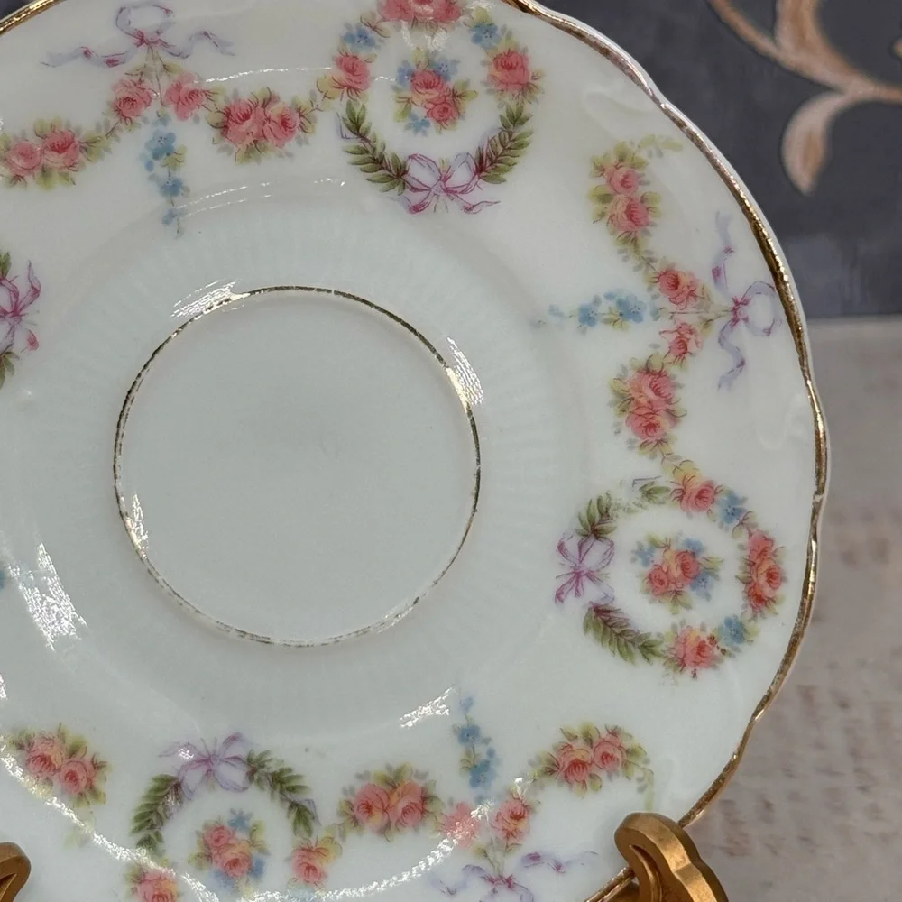 Antique Haviland Style Limoges Floral Saucers Gold Trim Set 2